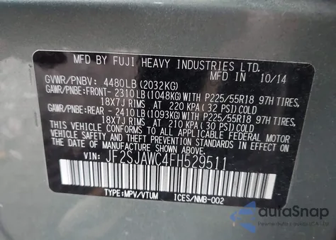 2015 Subaru Forester 2.5I Premium from USA, damaged, VIN JF2SJADC9FH512237